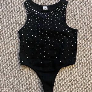 Black Sleeveless Rhinestone Bodysuit for Women